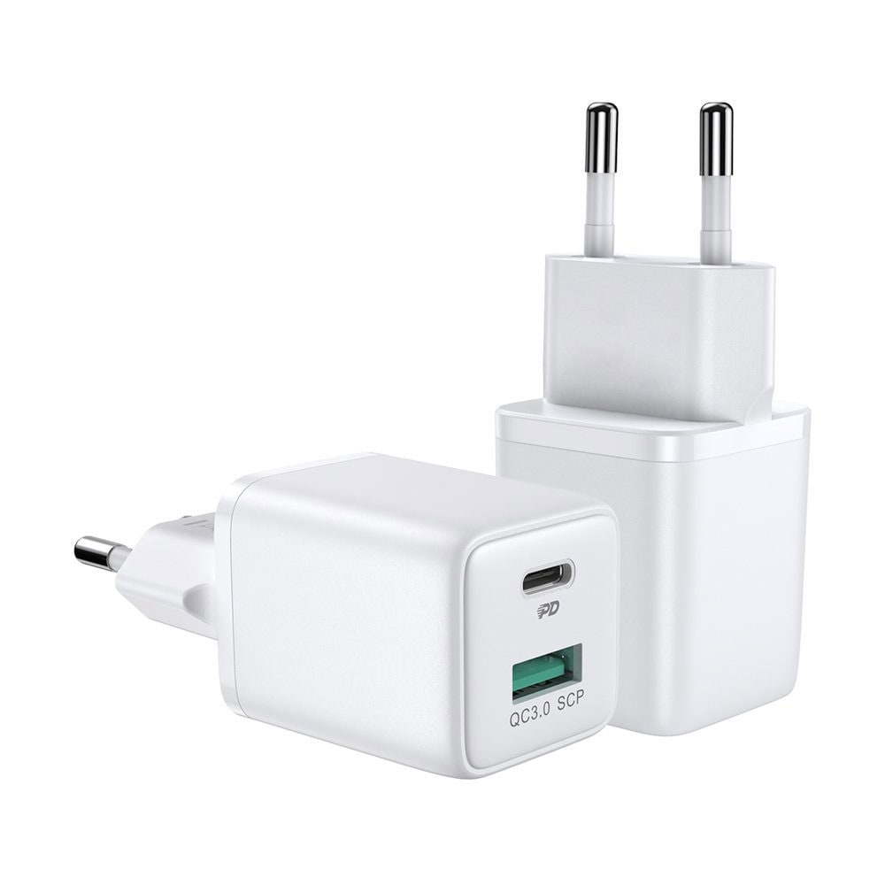 Joyroom USB-vægoplader med 1xUSB QC 3.0 1xUSB-C PD 30W - Hvid