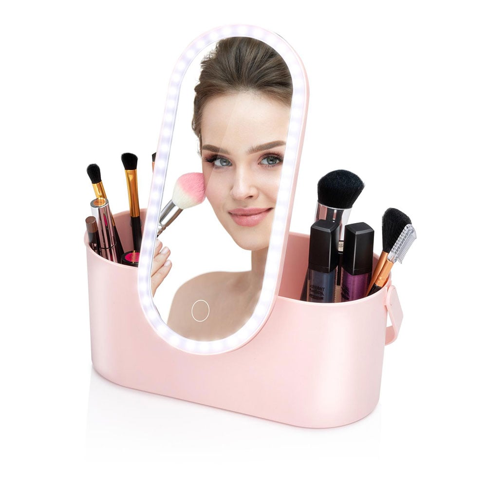 Bærbart make-up spejl med LED og opbevaring - Pink