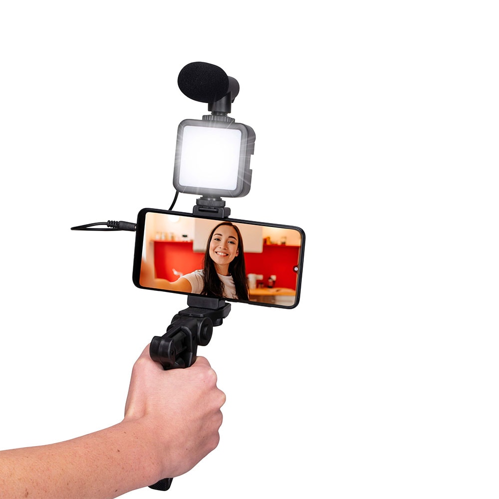 Grundigt Vlog-sæt med mikrofon, LED og stativ