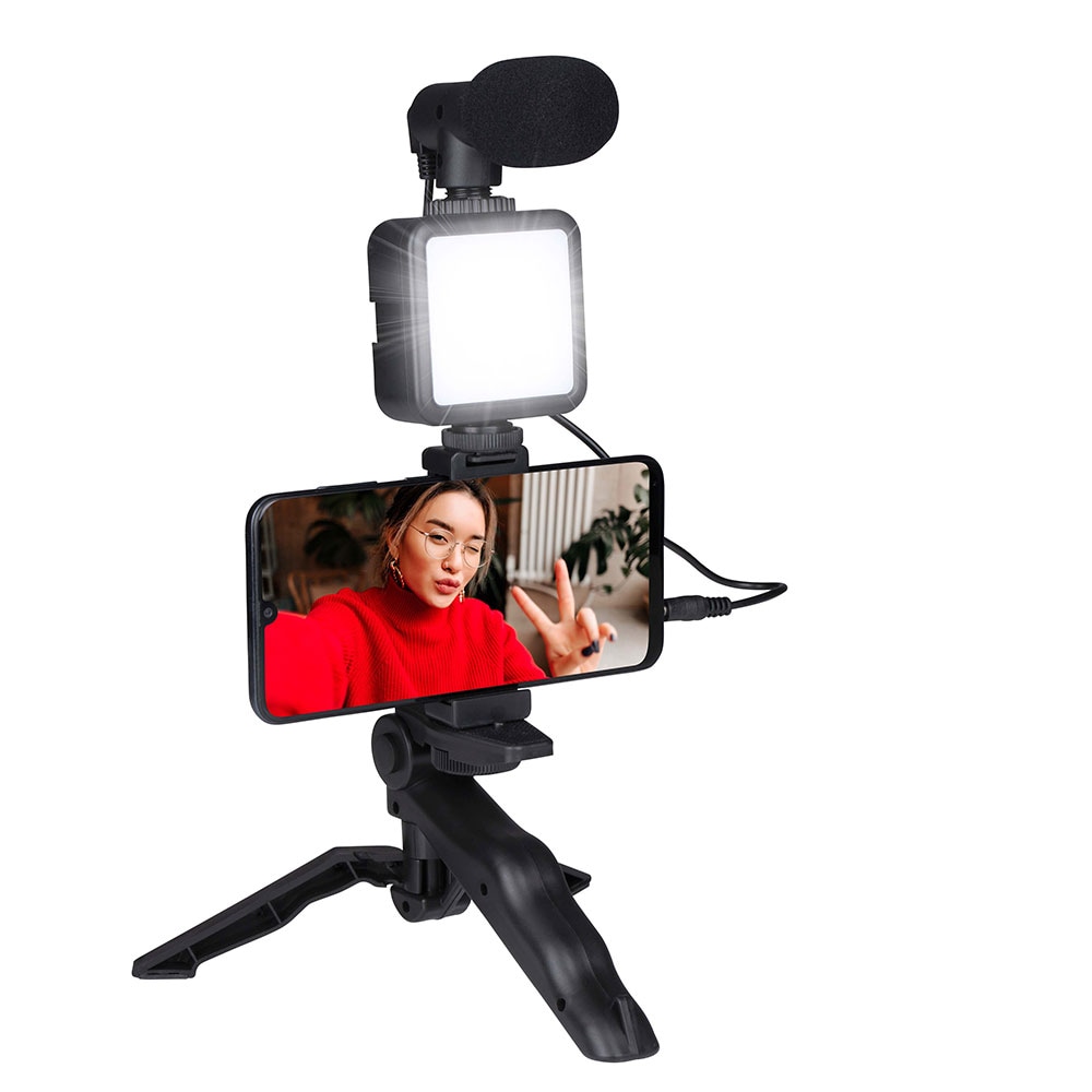 Grundigt Vlog-sæt med mikrofon, LED og stativ