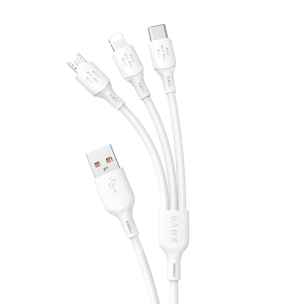 Dudao 3-i-1 USB-kabel - USB-C / microUSB / Lightning 6A 1,2m - Hvid