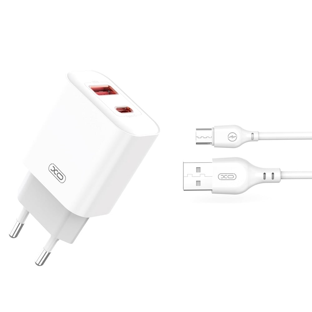 XO USB-oplader med 1x USB 1x USB-C PD QC3.0 20W & MicroUSB-kabel