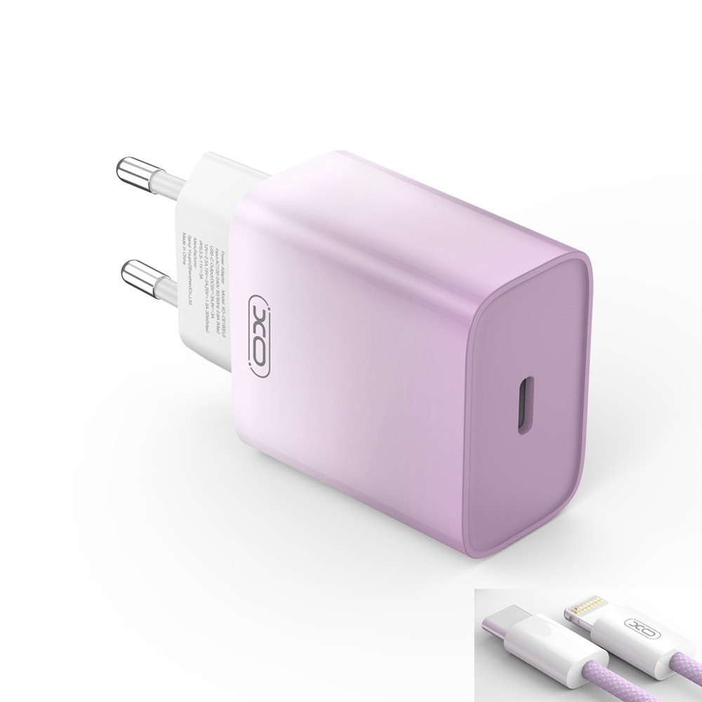 XO USB-C oplader PD 30W med lightning kabel - Lilla/Hvid