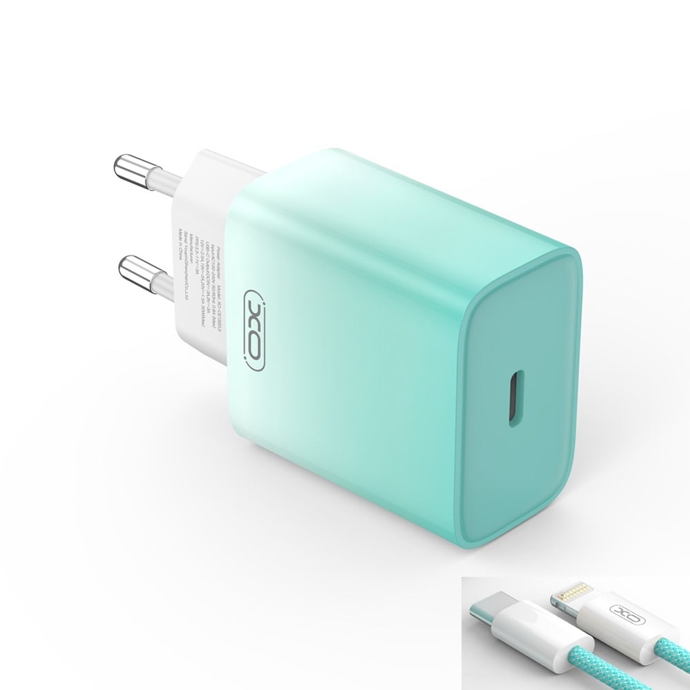 XO USB-C oplader PD 30W med lightning kabel - Blå/Hvid