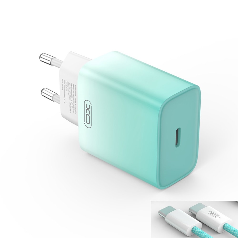 XO USB-C oplader PD 30W med USB-C kabel - Blå/Hvid