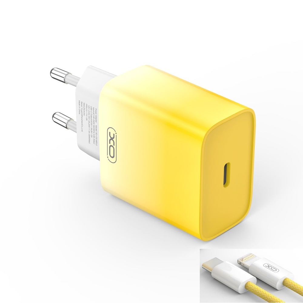 XO USB-C oplader PD 30W med lightning kabel - Gul/Hvid