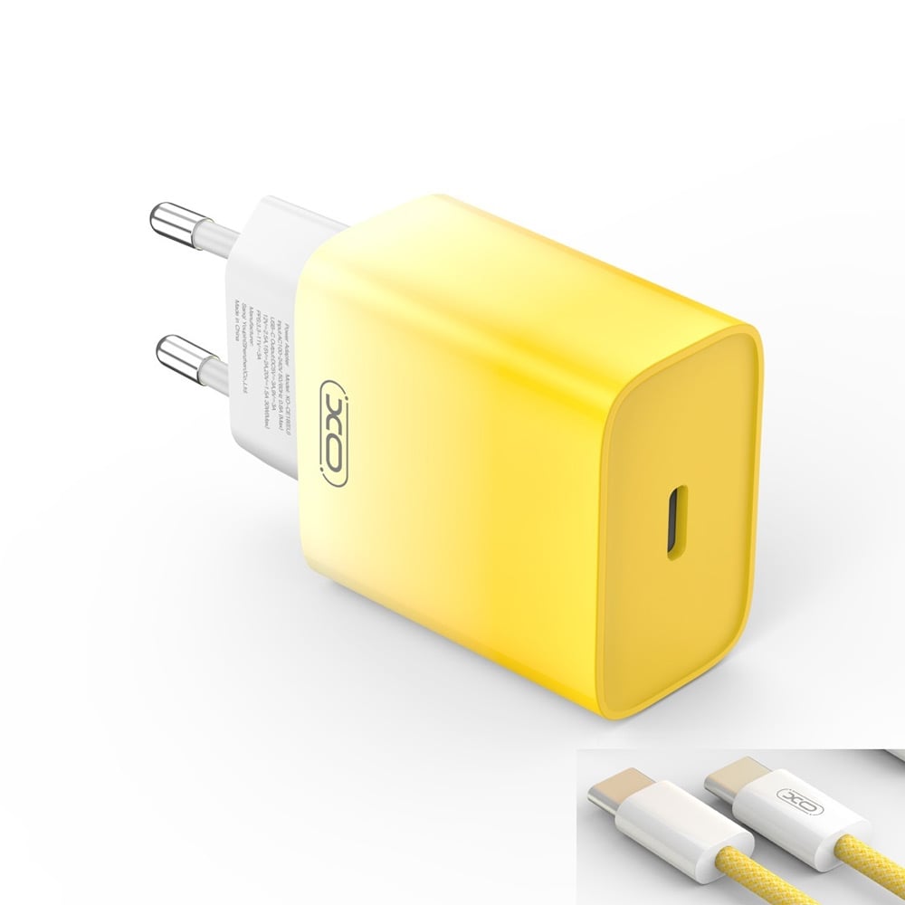 XO USB-C oplader PD 30W med USB-C kabel - Gul/Hvid