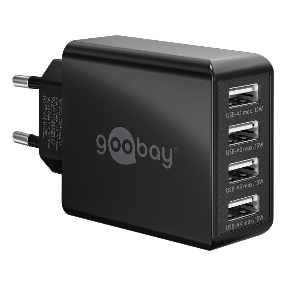 Goobay USB oplader 30W med 4xUSB - Sort