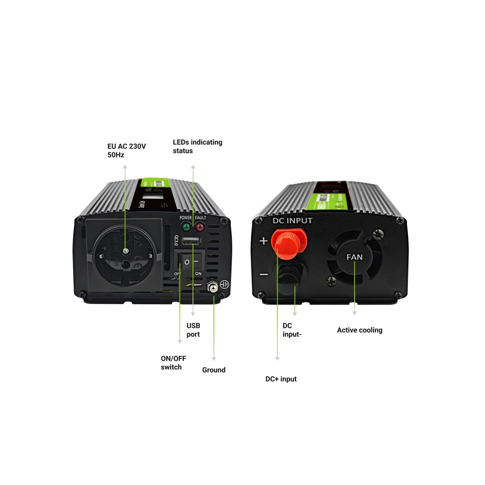 Green Cell LCD spændingsomformer 12V 500W/1000W Ren sinus med display