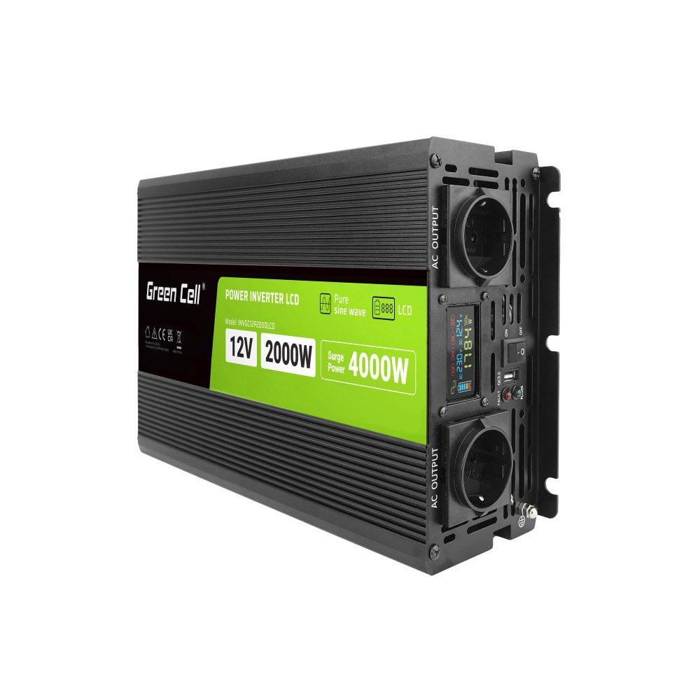 Green Cell LCD spændingsomformer 12V 2000W/4000W ren sinus med skærm