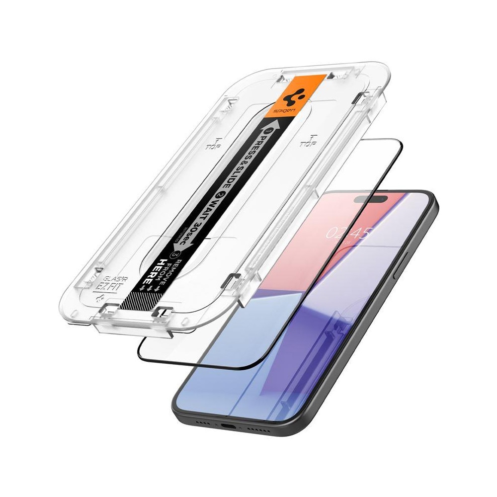 Spigen Glas.TR EZ Fit Tempered Screen Protector til iPhone 15 2-pack - Sort ramme