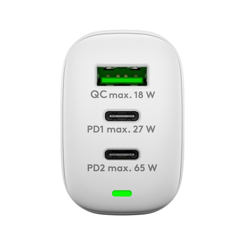 Goobay USB-oplader med PD GaN 65W 1xUSB & 2xUSB-C - Hvid