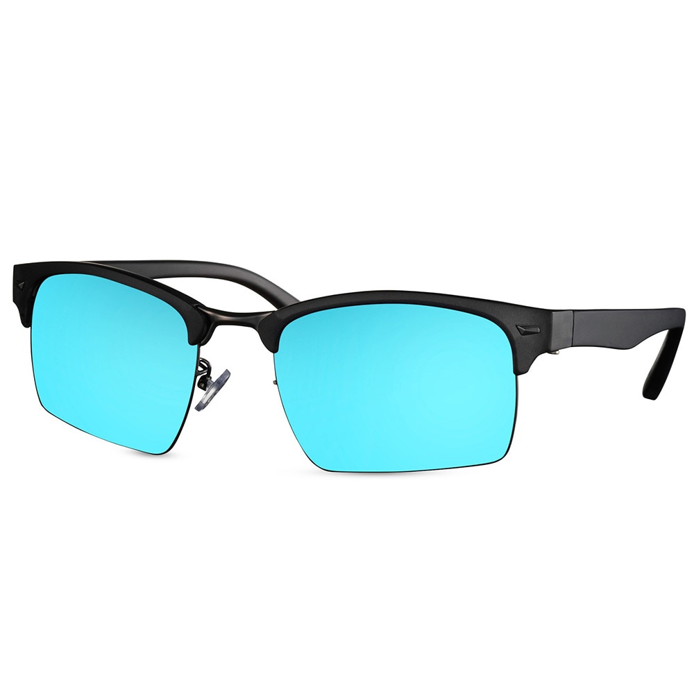 Solbriller med grå halvramme & blå linse