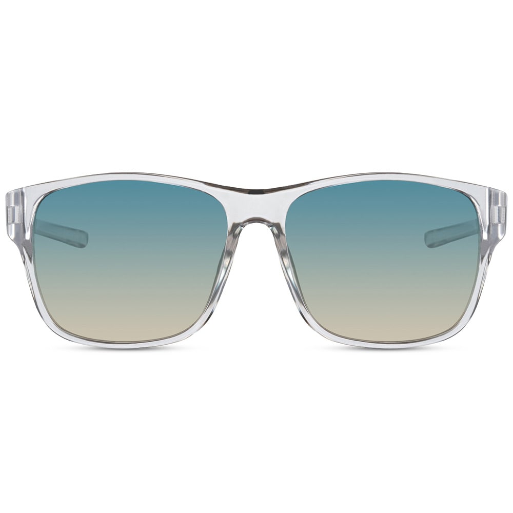 Solbriller med transparent stel og blå linse