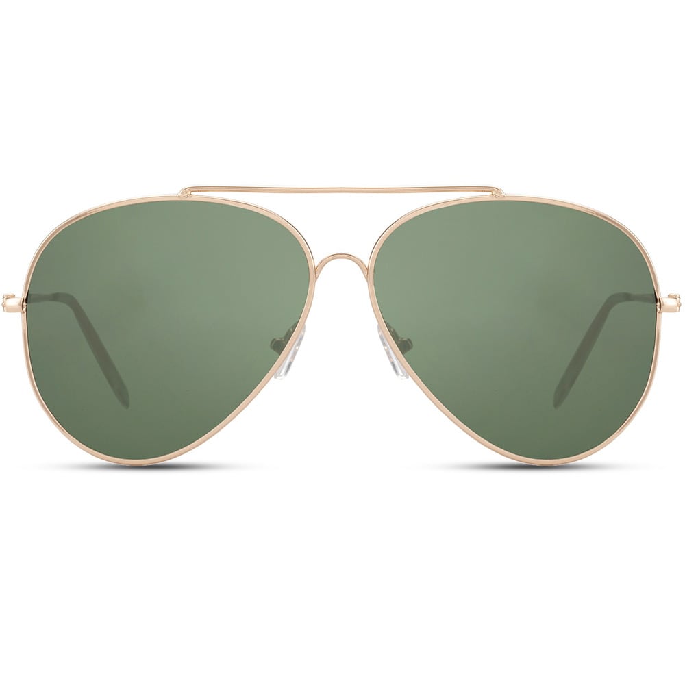 Pilotbriller med guldramme og grøn linse