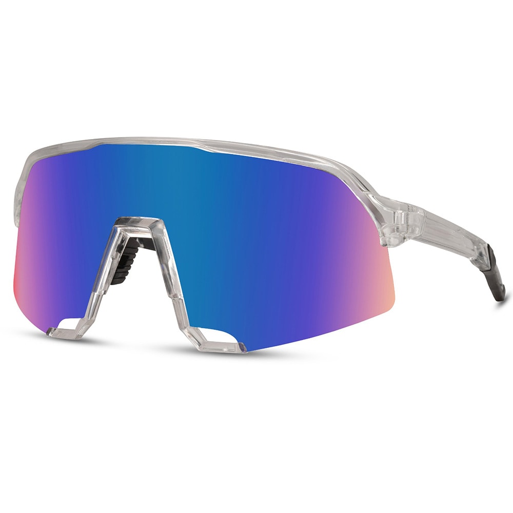 Sporty solbriller med transparent stel og blå linse