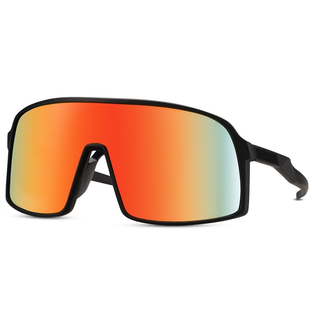 Sporty solbriller med sort stel og rød linse