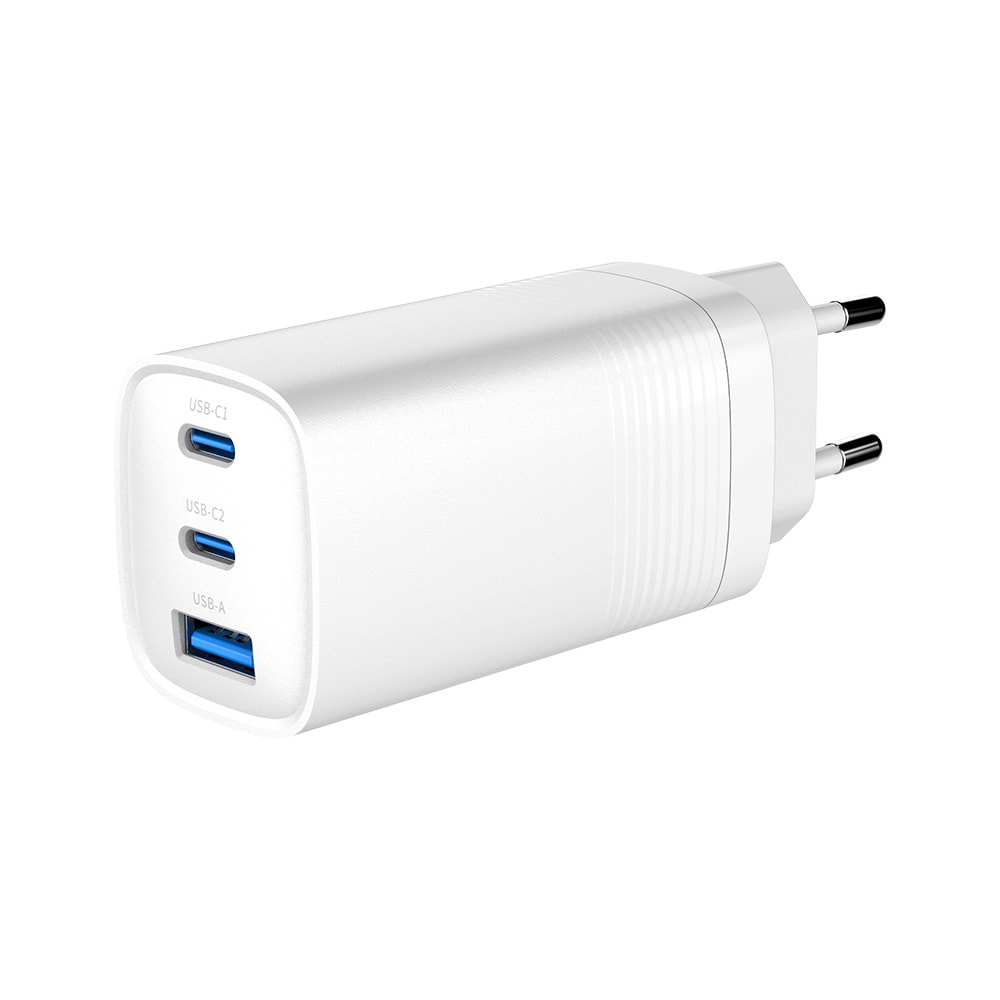 Vægoplader GaN 65W PD med 2xUSB-C & 1xUSB