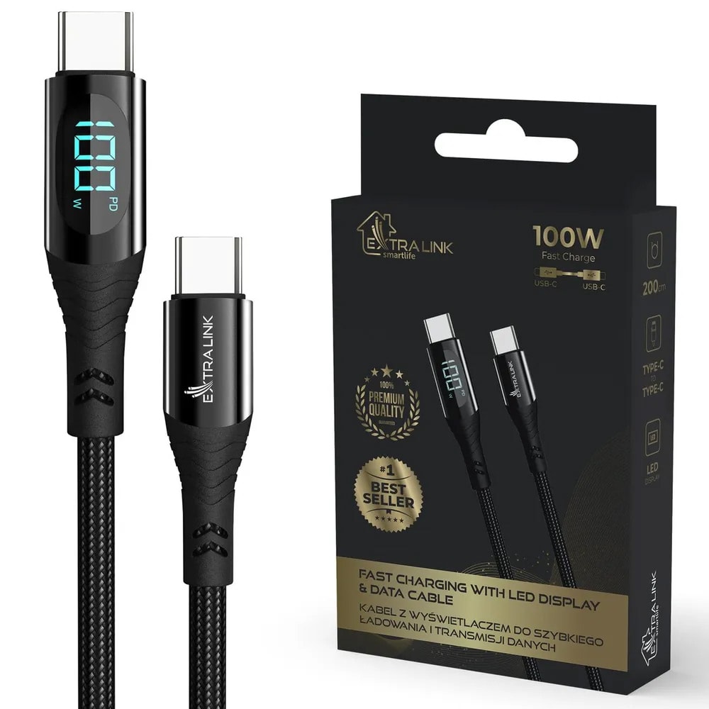 Extralink Smart Life USB-C-kabel med LED 100W 2m - Sort