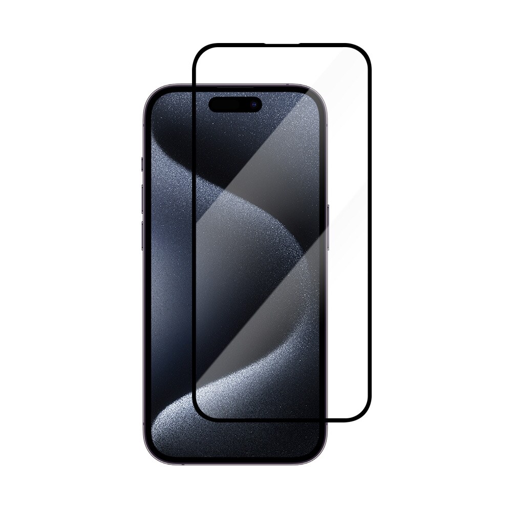 Hærdet skærmbeskytter med sort ramme til iPhone 15 Pro