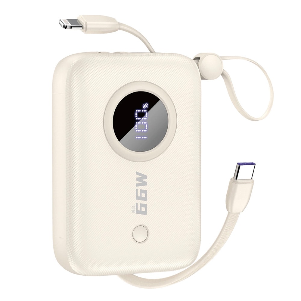Powerbank 10000mAh med USB-C og Lightning-kabel - Beige