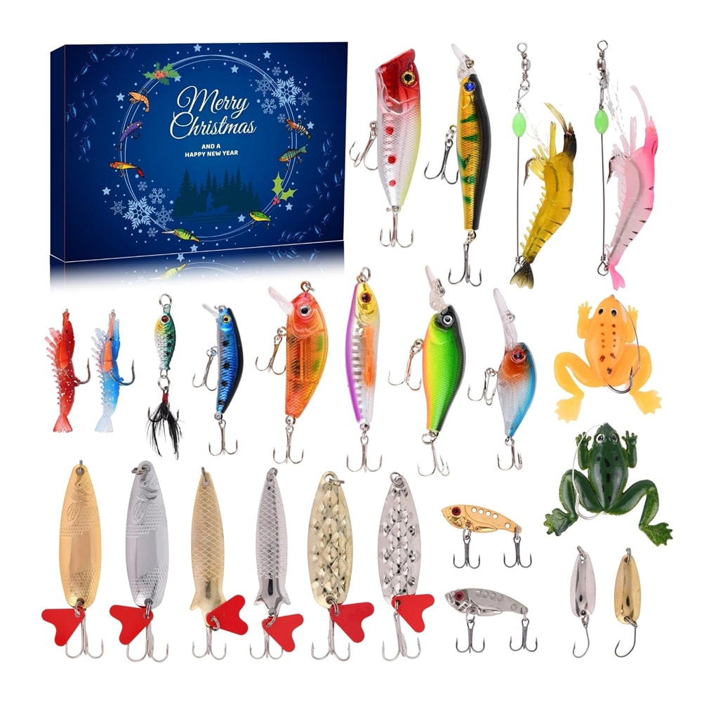 Adventskalender med forskellige fiskeblink til fersk- og saltvand