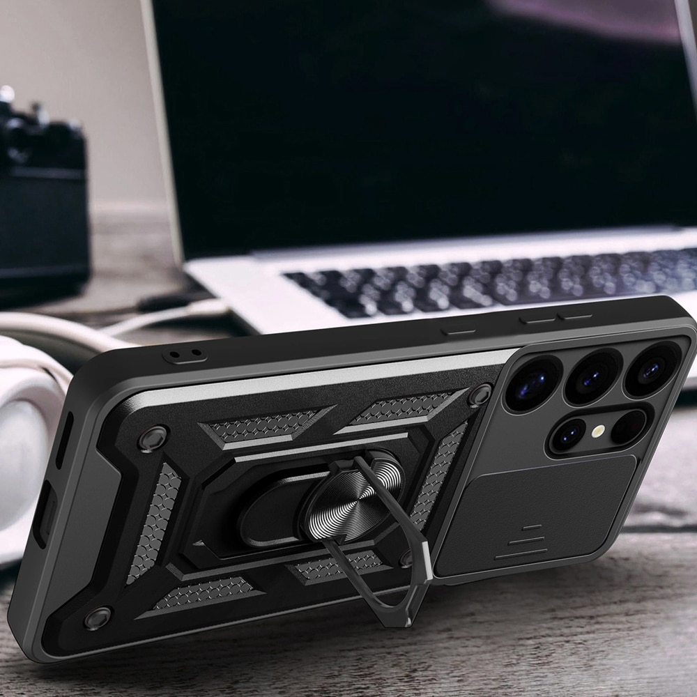 Hybrid Armor Camshield beskyttelsesskal med kamerabeskyttelse og mobilring til Samsung Galaxy S25+ - Sort
