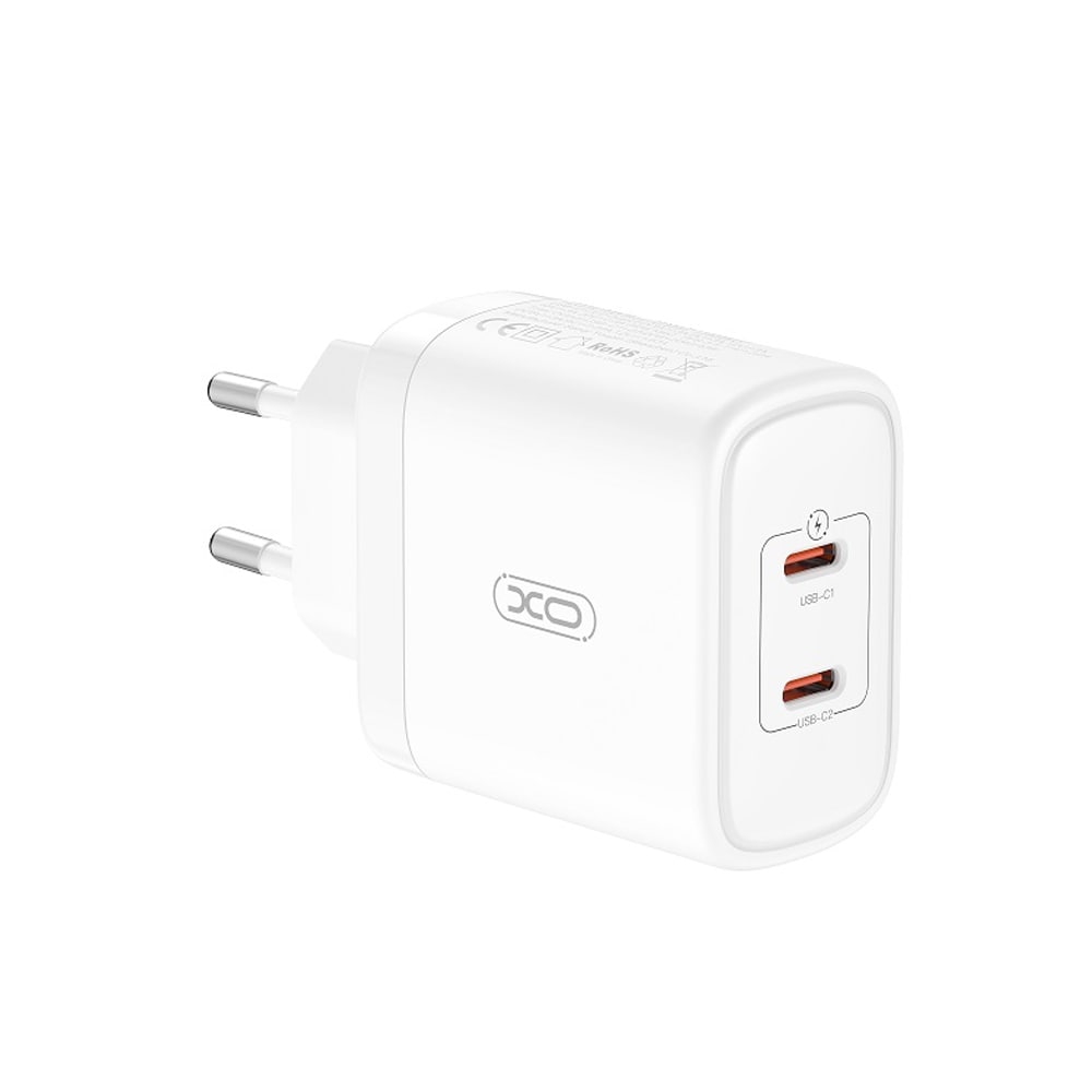 XO USB-oplader med 2xUSB-C PD 50W - Hvid