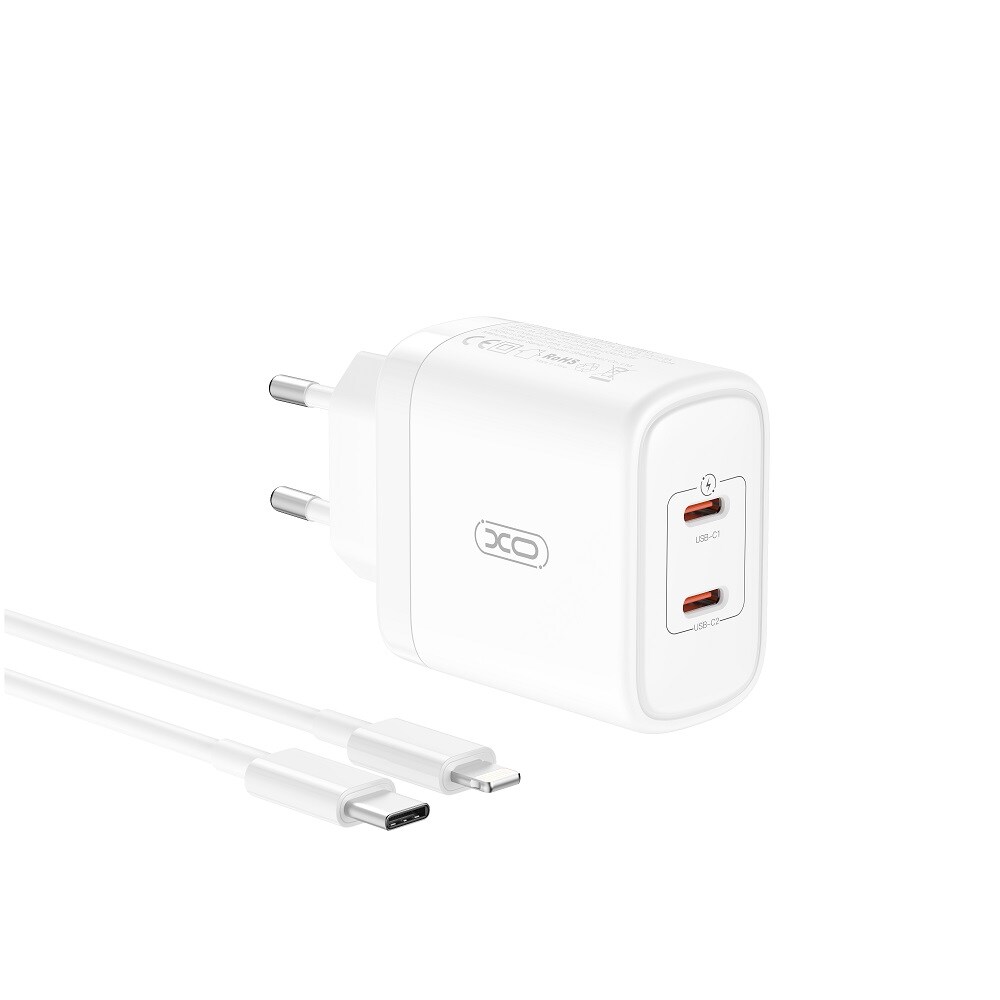 XO USB-oplader med 2xUSB-C PD 50W + USB-C til Lightning-kabel