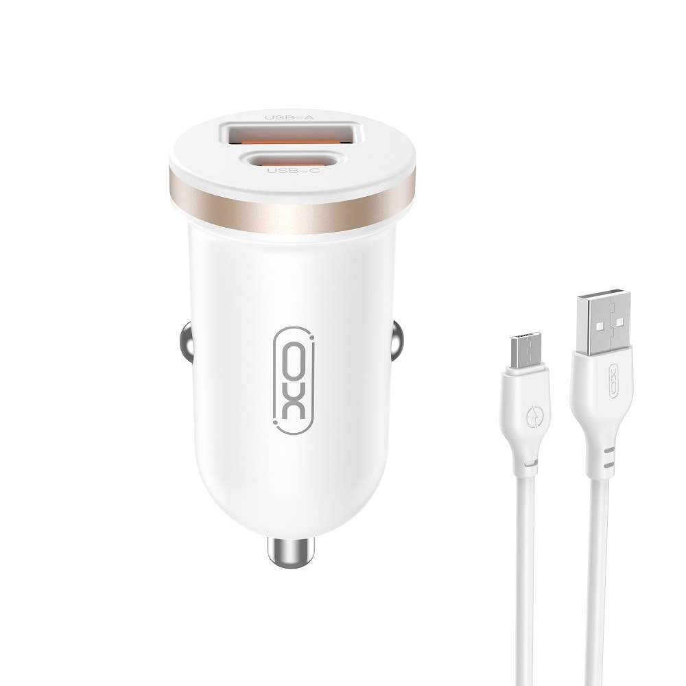 XO Biloplader PD 30W QC med 1xUSB og 1xUSB-C + USB til microUsb-kabel