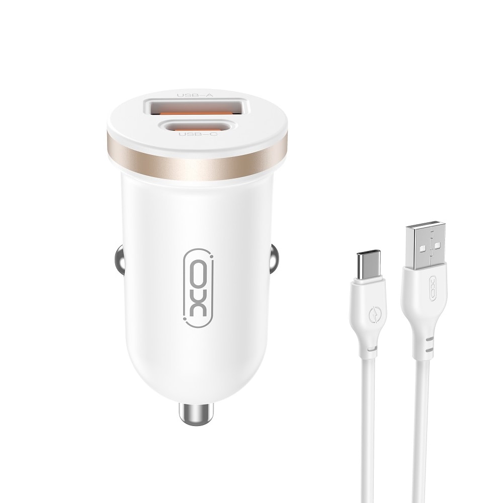 XO Biloplader PD 30W QC med 1xUSB og 1xUSB-C + USB til USB-C-kabel