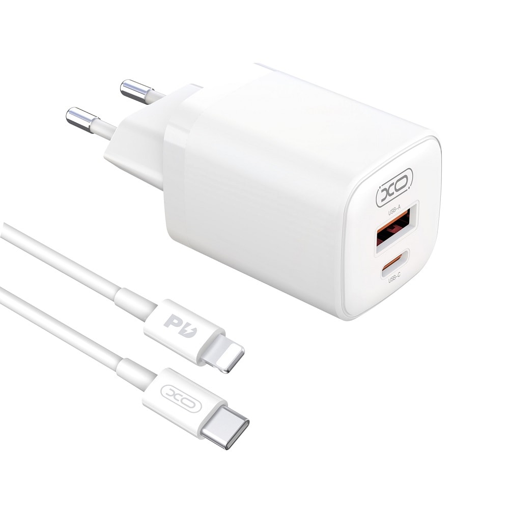 XO Vægoplader PD 30W QC3.0 18W med 1xUSB og 1x USB-C + USB-C til Lightning-kabel