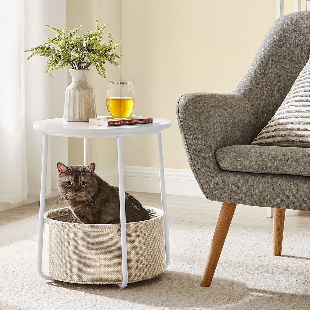 Rundt sidebord med stofkurv - Hvid