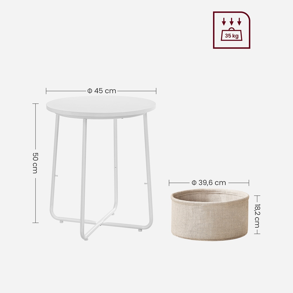 Rundt sidebord med stofkurv - Hvid
