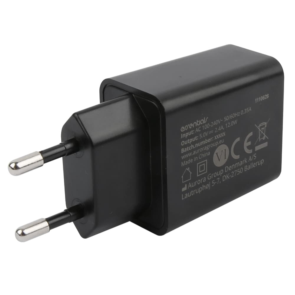 Essentials USB-oplader 12W MFI med USB til Lightning-kabel - Sort