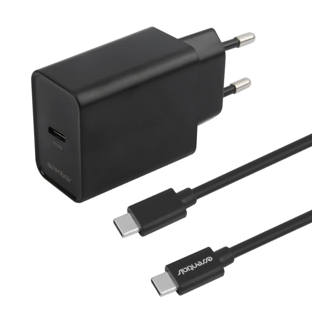 Essentials USB-oplader med USB-C PD 20W + USB-C-kabel - Svart