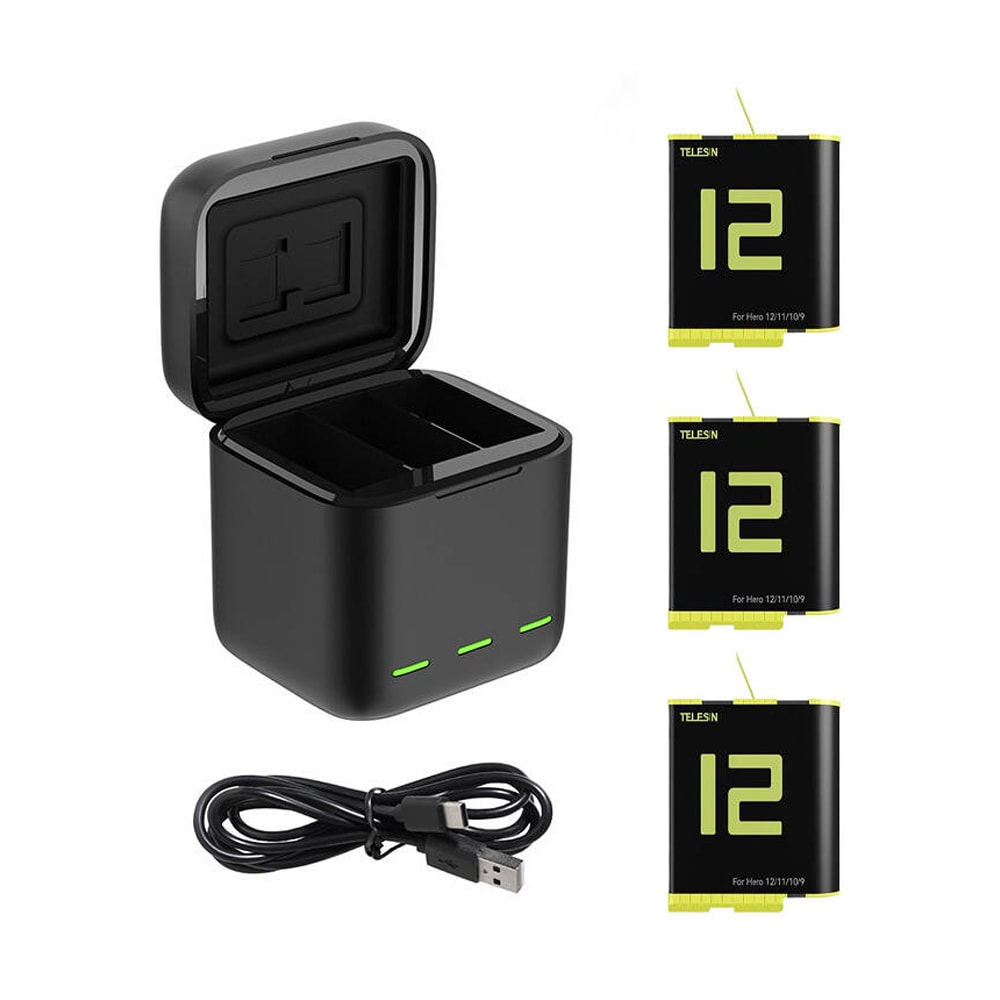 Telesin vandtæt ladestation til 3 batterier til GoPro Hero 9/10/11/12 + 3 batterier