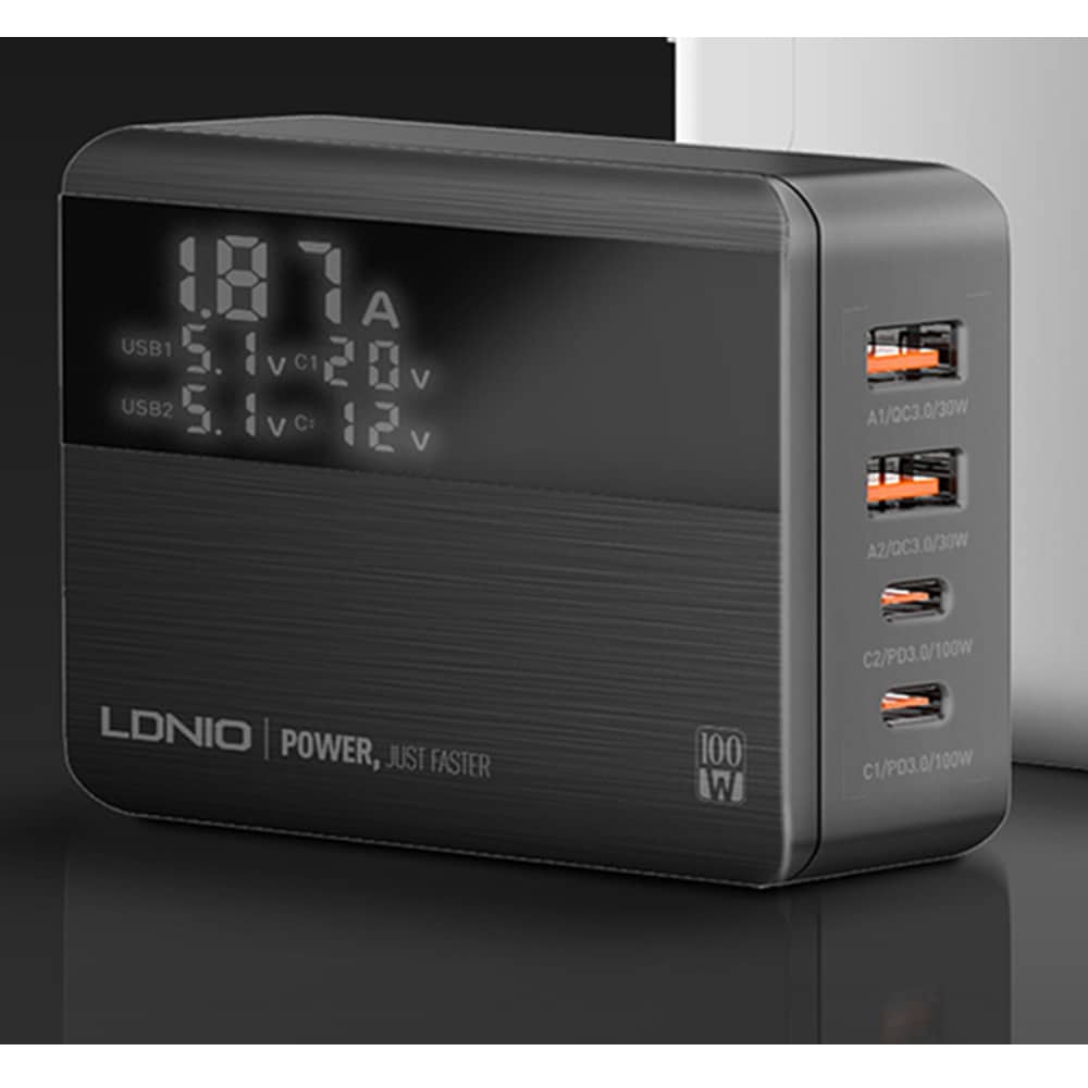 USB-opladningsstation GaN 100W PD med 2xUSB-C og 2xUSB