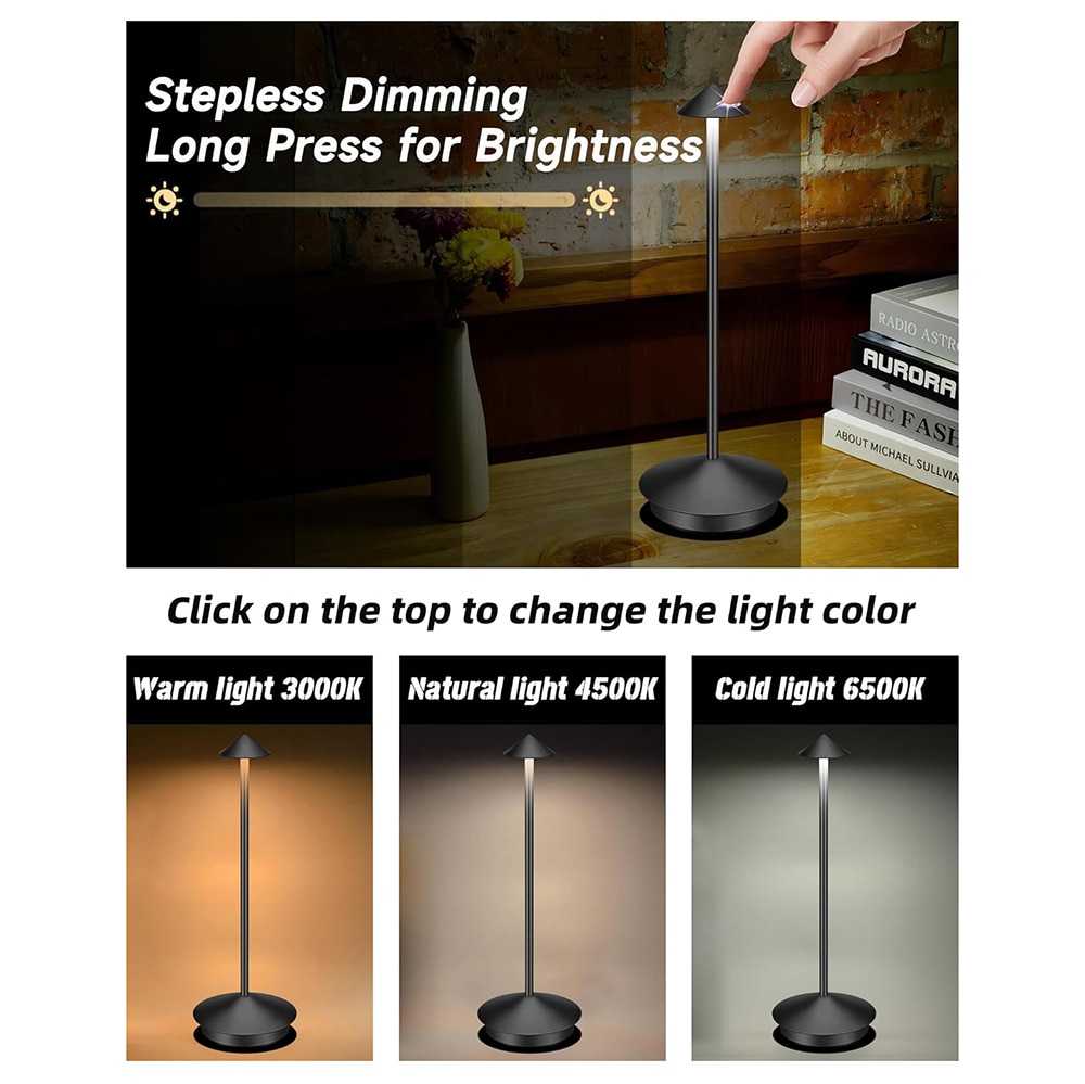 LED-bordlampe i aluminium med justerbar lysstyrke og USB-opladning - Sort