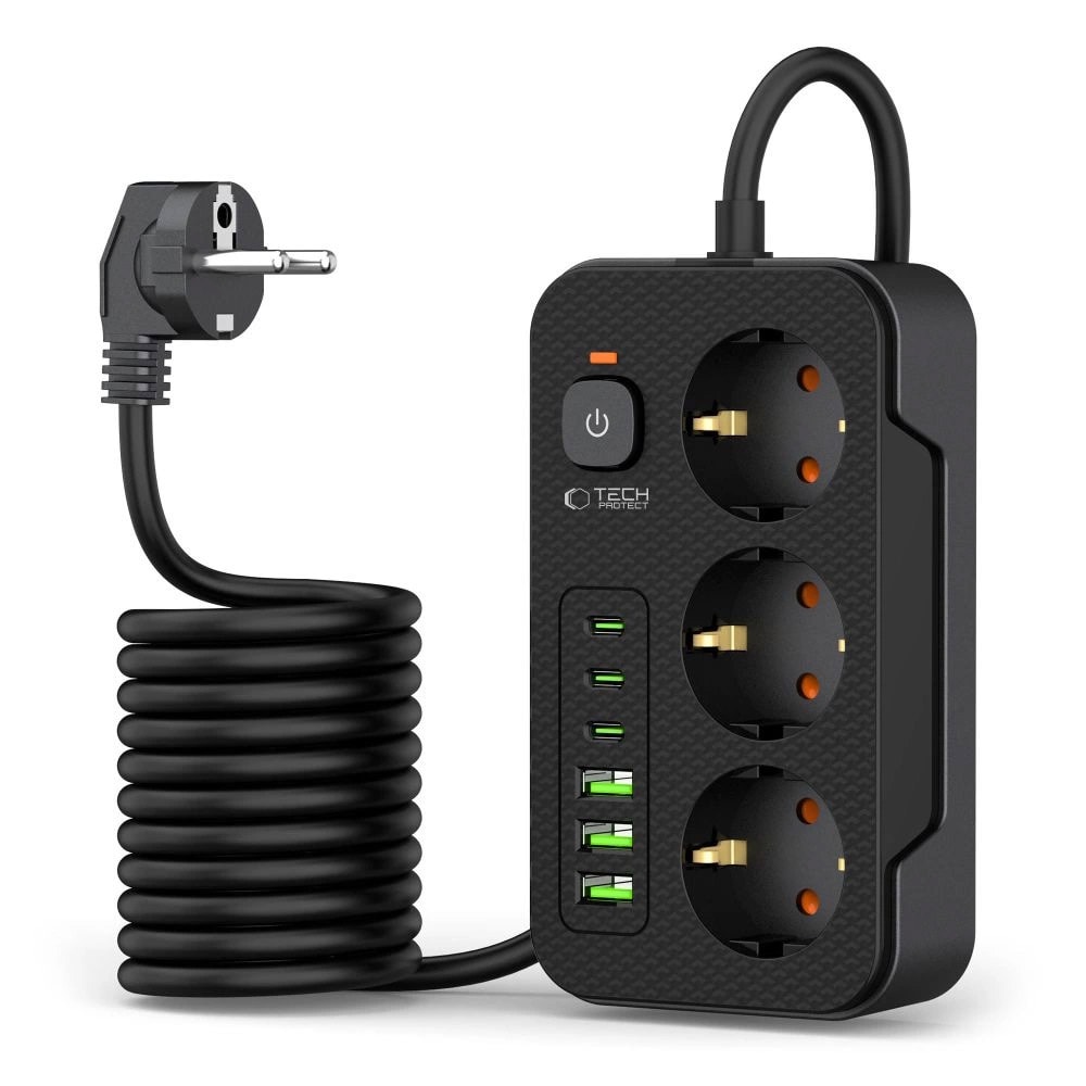Tech-Protect strømskinne med 3x 240V strømudtag + 3xUSB-A + 3xUSB-C - Svart