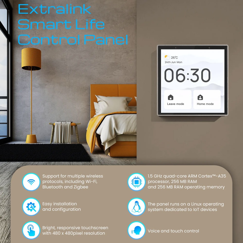 Smart kontrolpanel med berøringsskærm, Wi-Fi, Bluetooth og Zigbee til vægmontering