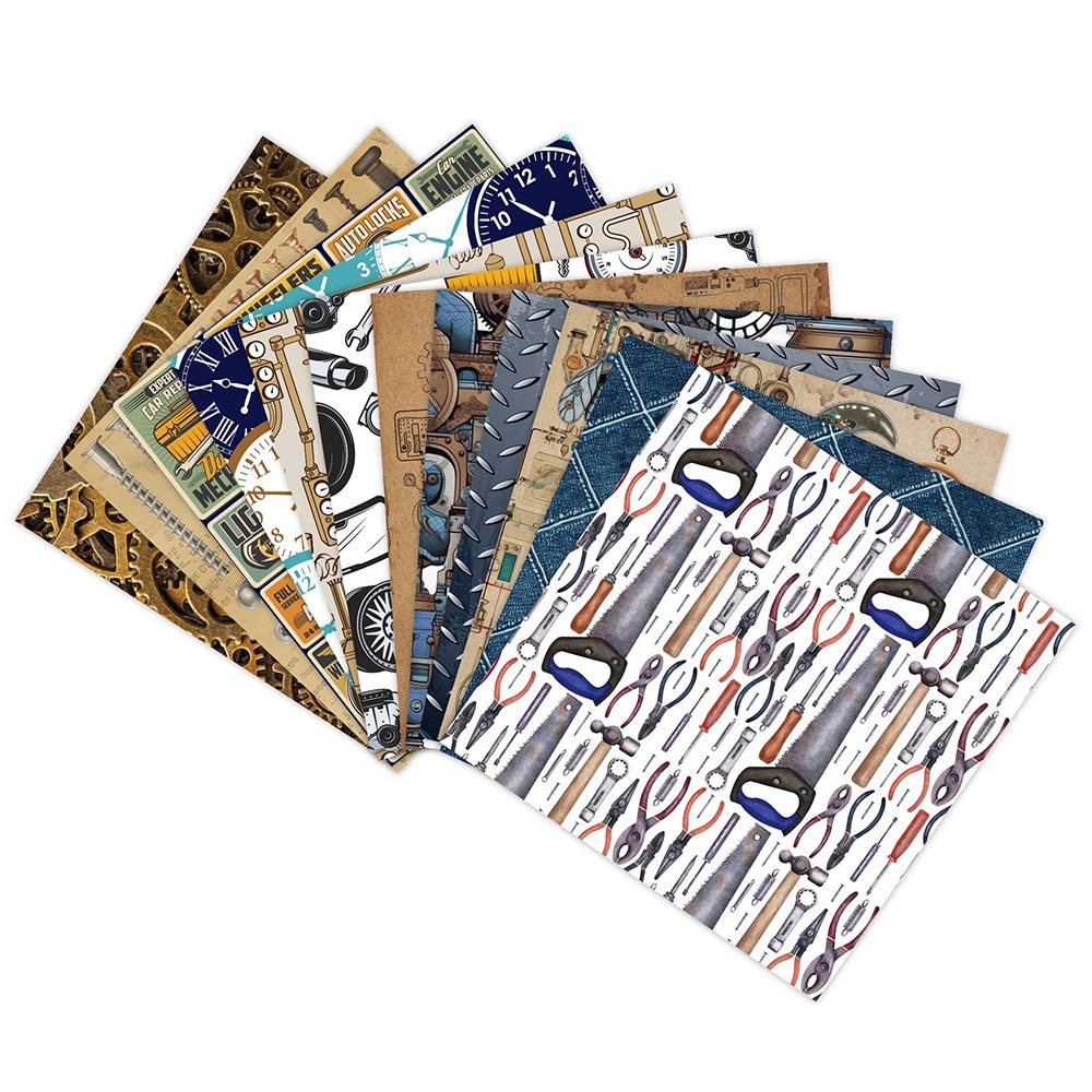 Scrapbookingpapir Machinery Industry - 12 ark med industrielle motiver
