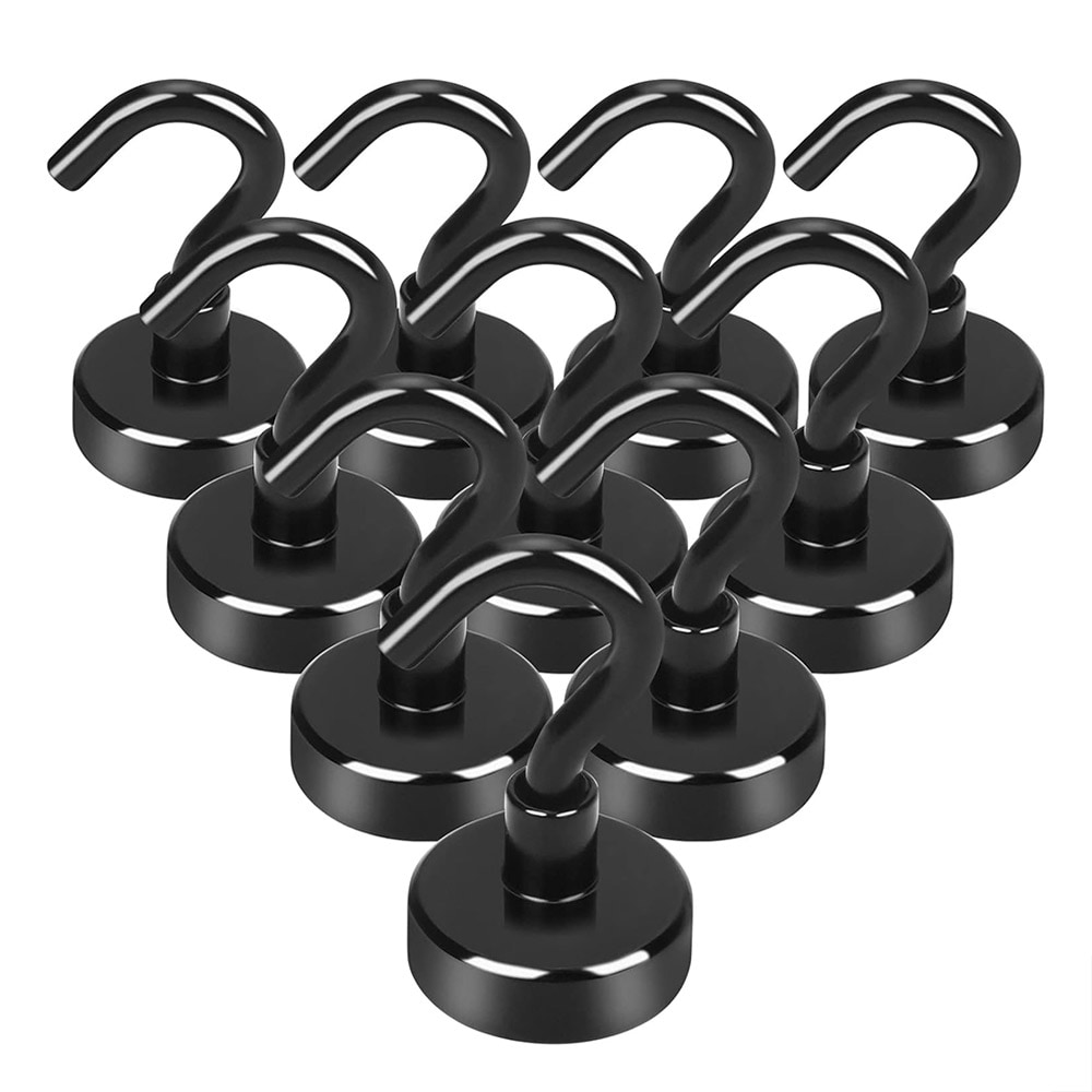 Magnetkrog med neodymmagnet - Ø25 mm, svart, belastningskapacitet 23 kg, 10-pak