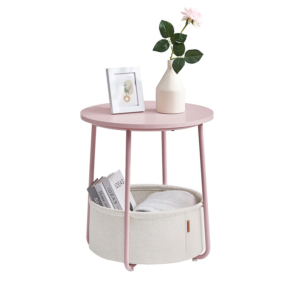 Rundt sengebord med opbevaringskurv - pink/hvid