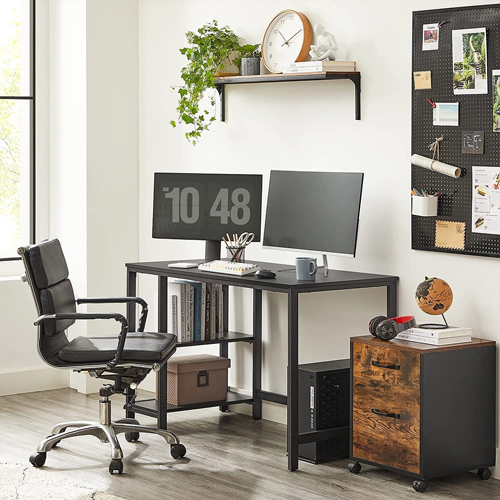 Svart skrivebord med hylder og metalramme - 120 x 60 x 76 cm