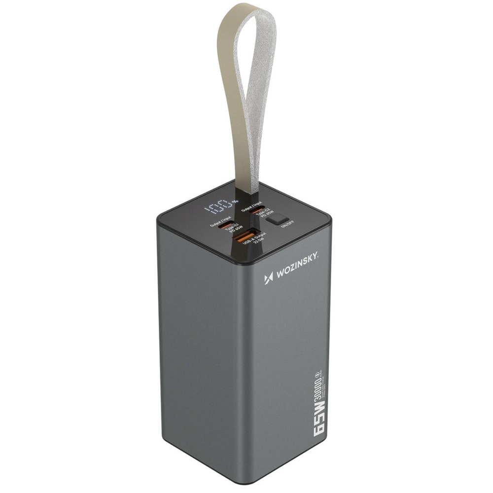 30000mAh powerbank med 65W hurtigopladning, 2xUSB-C og 1xUSB til laptop og mobil