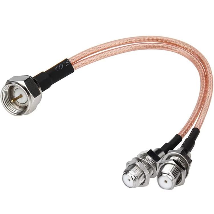 Koaksial splitter - F-han til 2x F-hun, 15 cm RG316-kabel