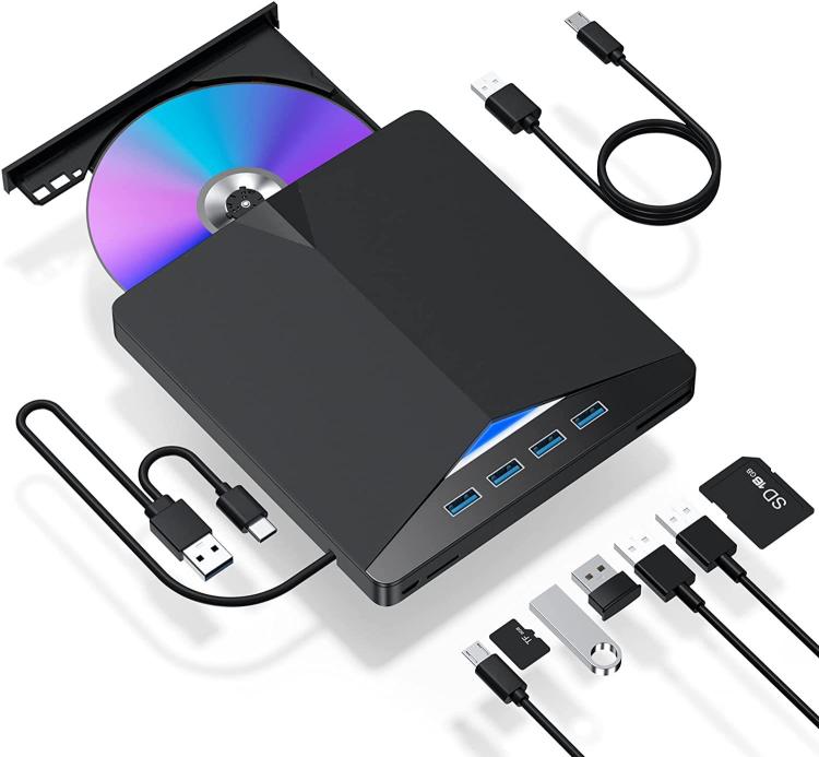 7-i-1 ekstern DVD/CD-brænder med 4× USB og SD-/microSD-kortlæser