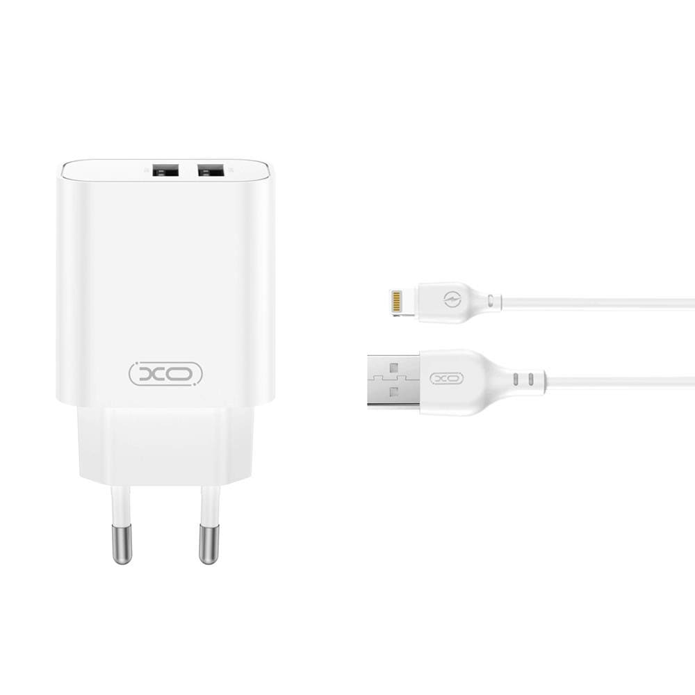 XO Vægoplader med 2xUSB 2.4A + USB til Lightning-kabel - Hvid