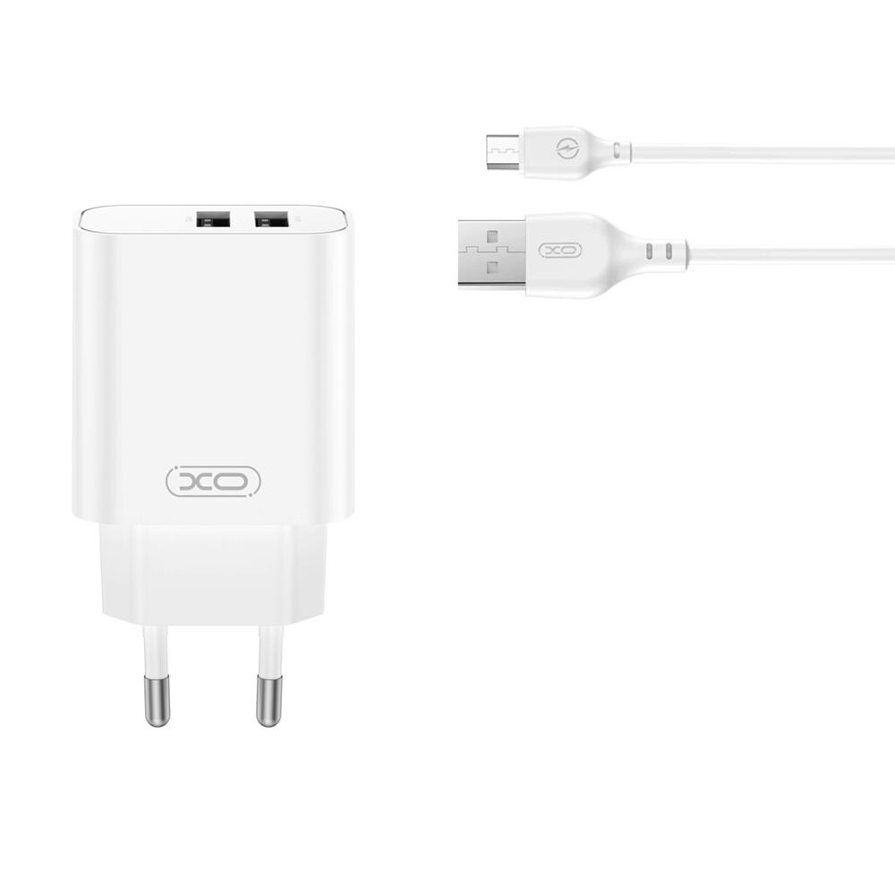 XO Vægoplader med 2xUSB 2.4A + USB til MicroUSB-kabel - Hvid
